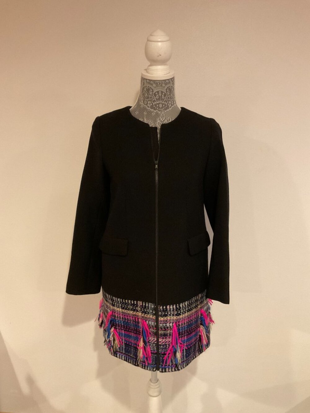Milly Minis Black Tweed Wool Blend Peacoat Fringe Hem Girls 14